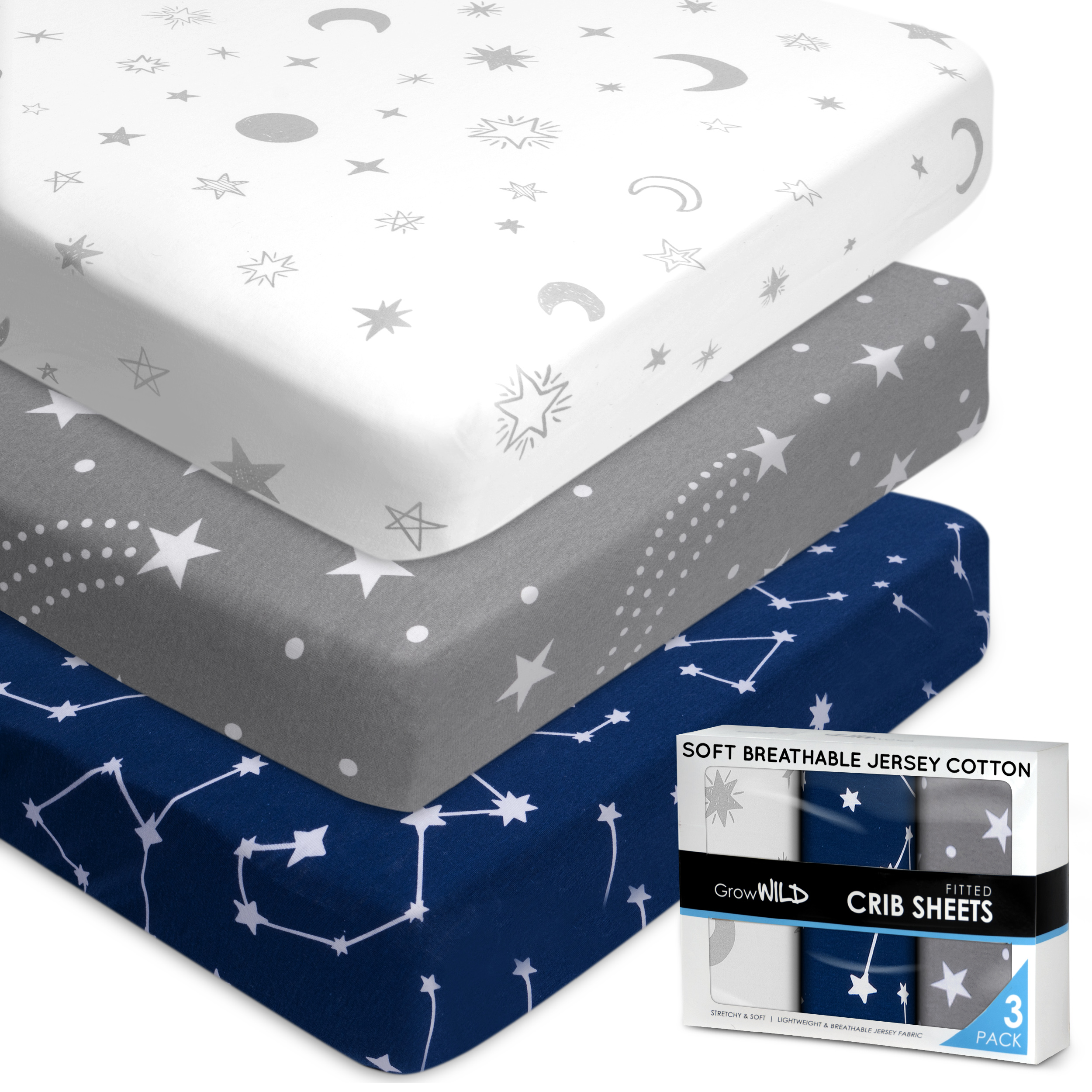 Stars Crib Sheets Set For Boy or Girl | 3-Pack
