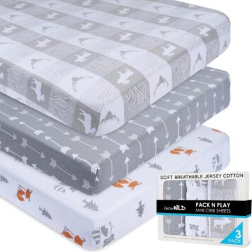 Woodland Grey Jersey Cotton Pack n Play Sheets – Set of 3 Mini Crib Sheets
