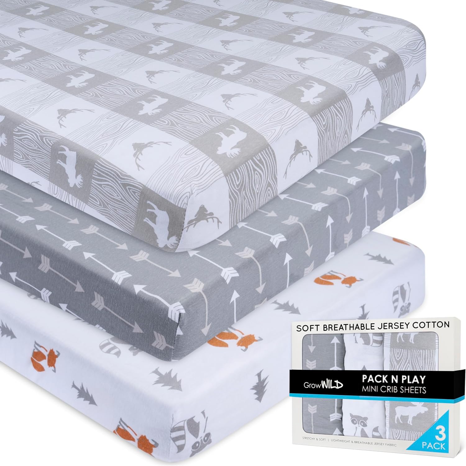 Pack N Play Sheets Fitted Woodland Grey 3 Pack Grow Wild