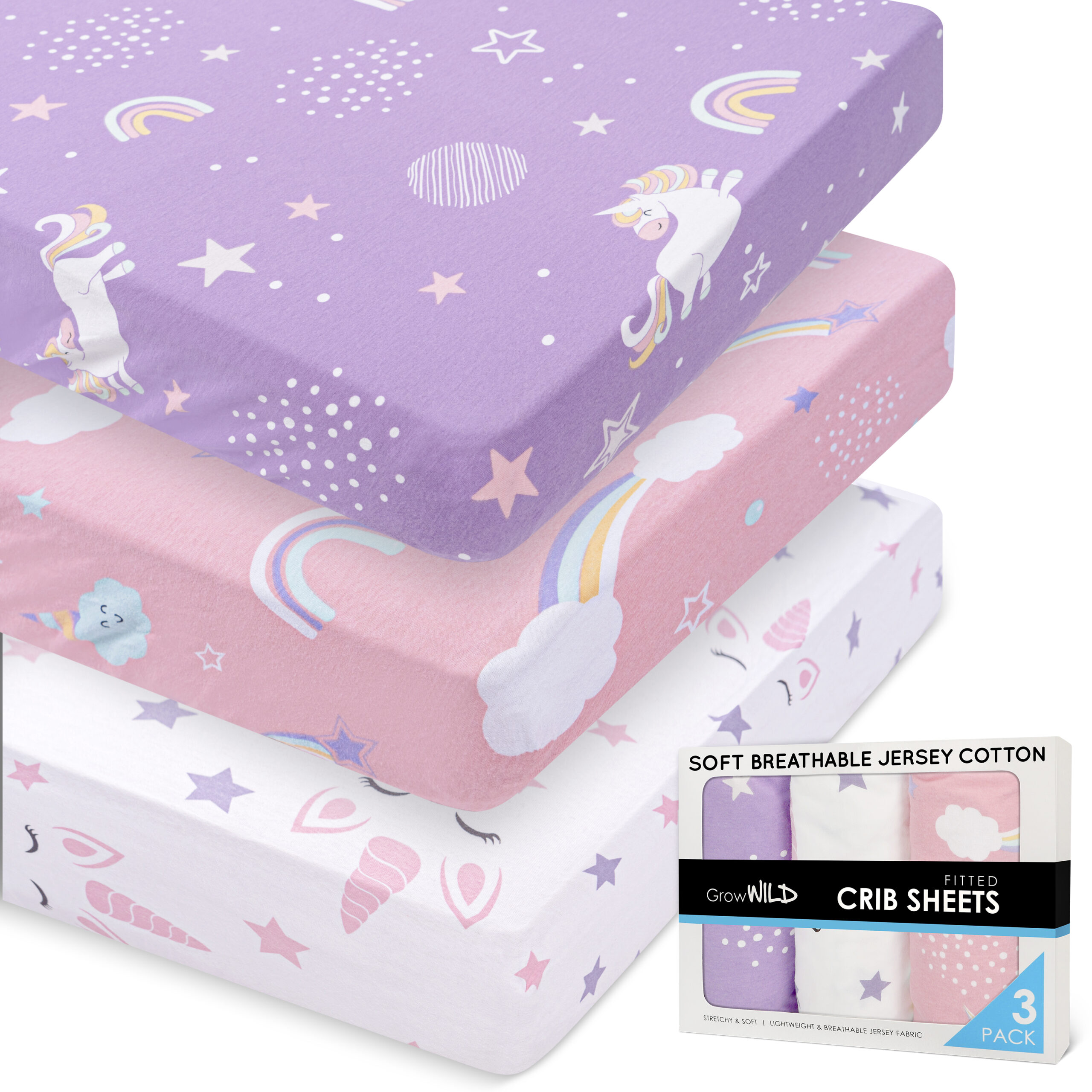 Unicorn Crib Sheets For Girl | Pink Purple 3-Pack