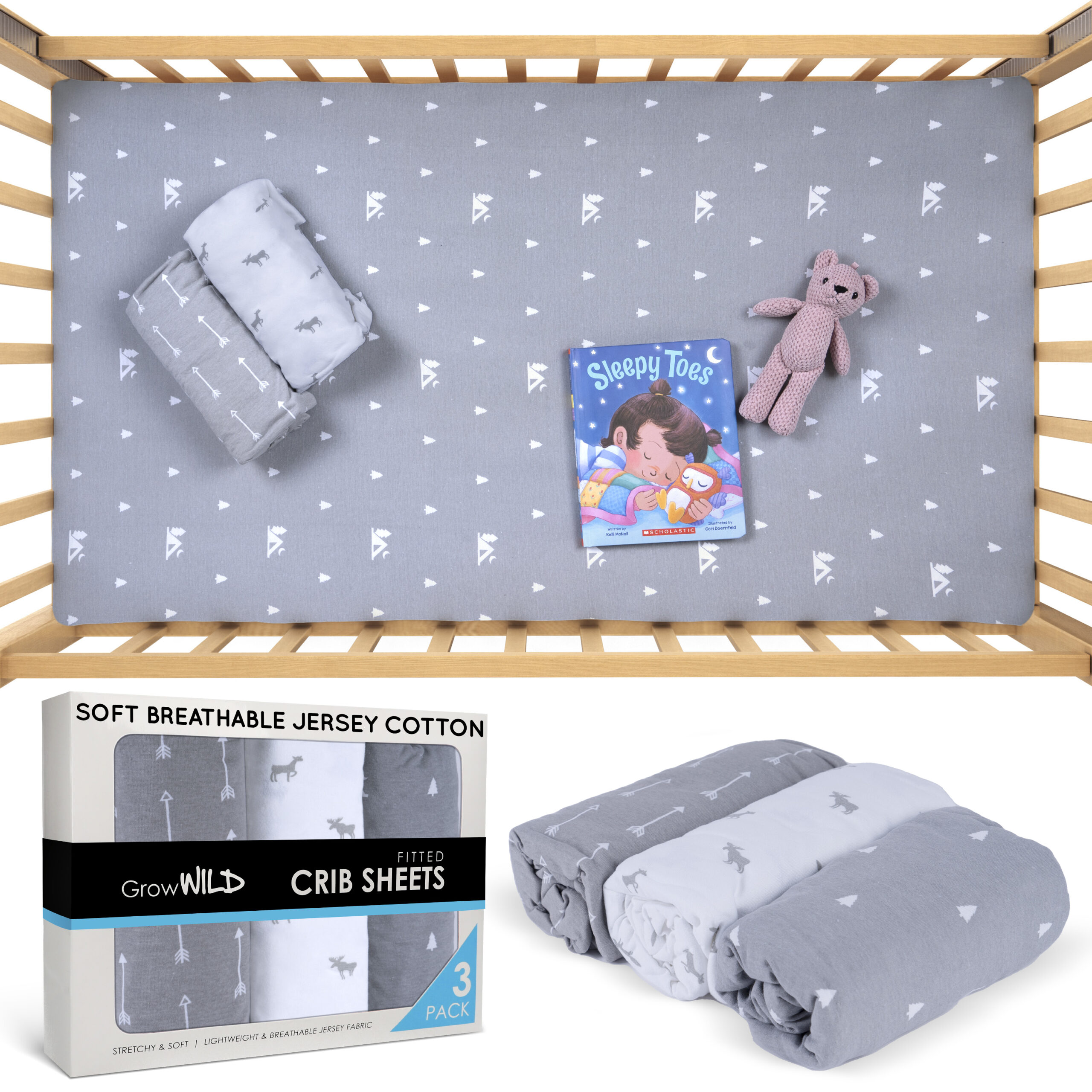 Grey Woodland Crib Sheets | 3 Pack Fitted Sheet | Grow Wild